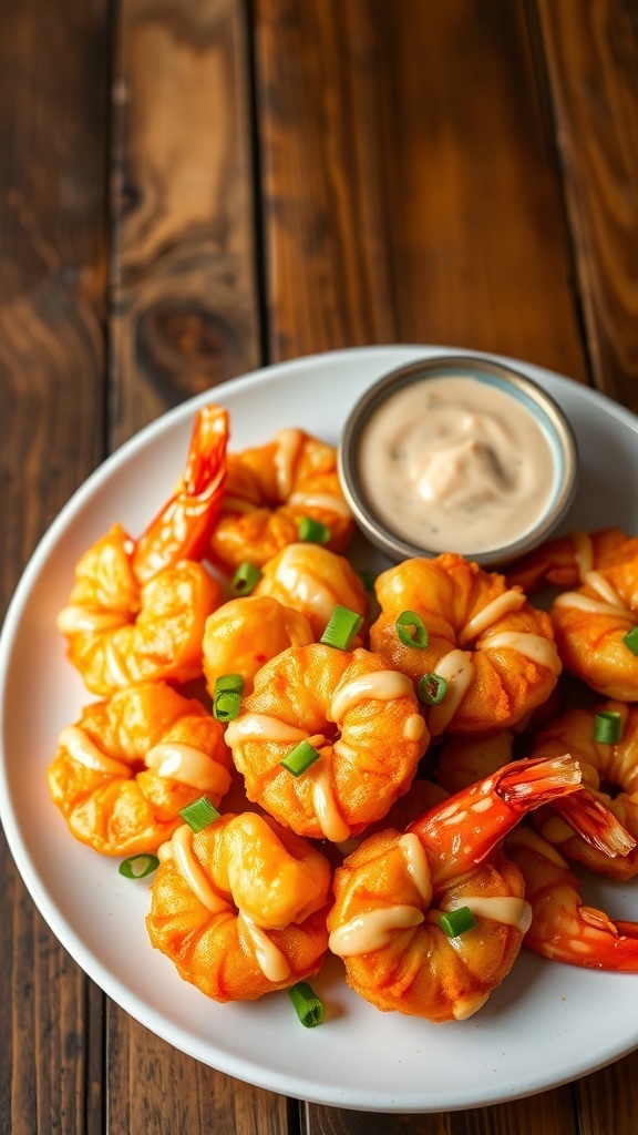 Crispy bang bang shrimp on a plate, garnished with green onions and served with sauce.